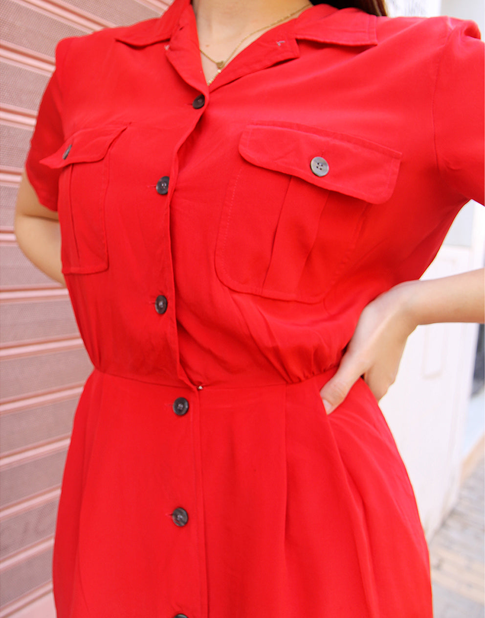 Red Silk Long Shirt Dress