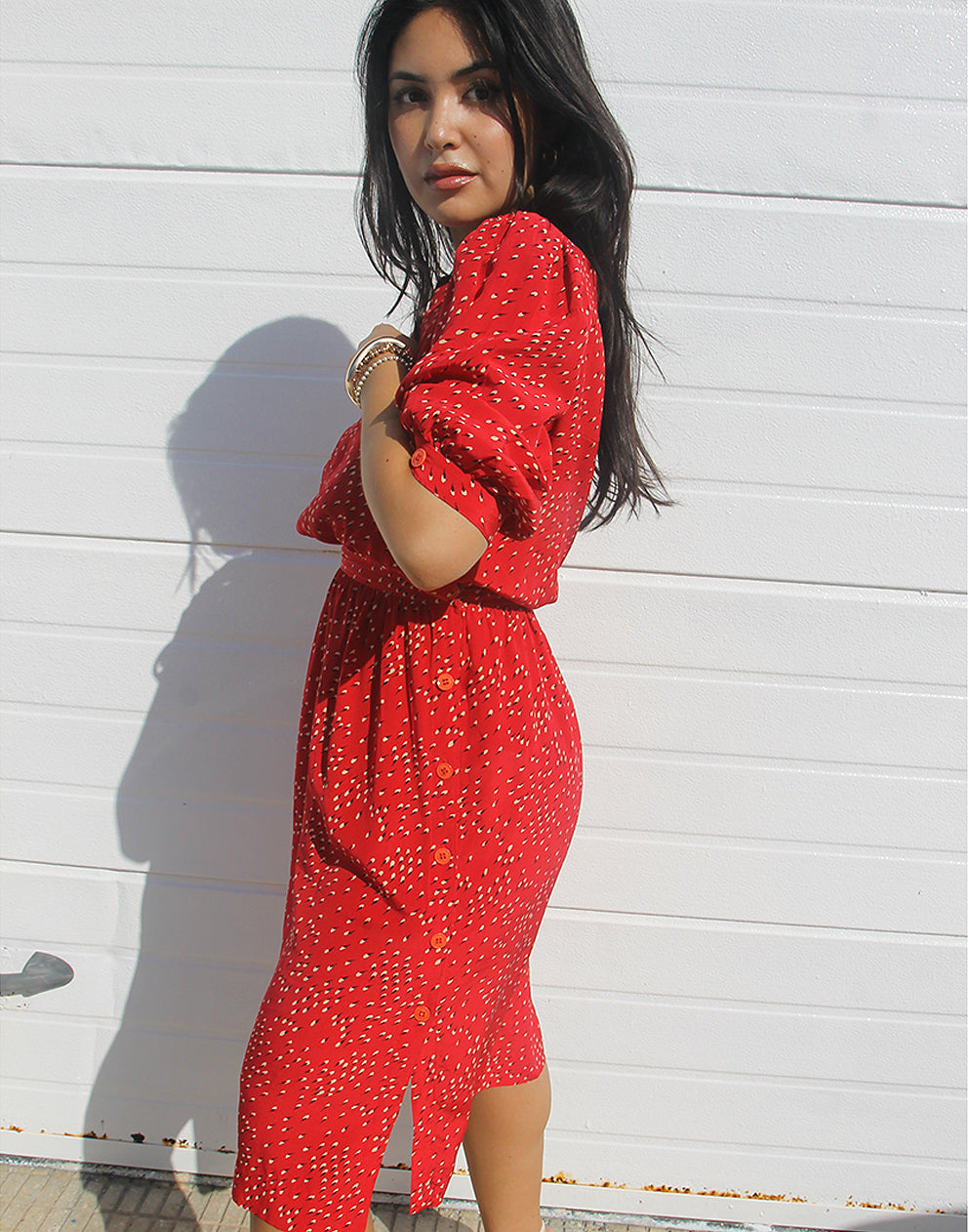 red silk midi dress with sleeves 