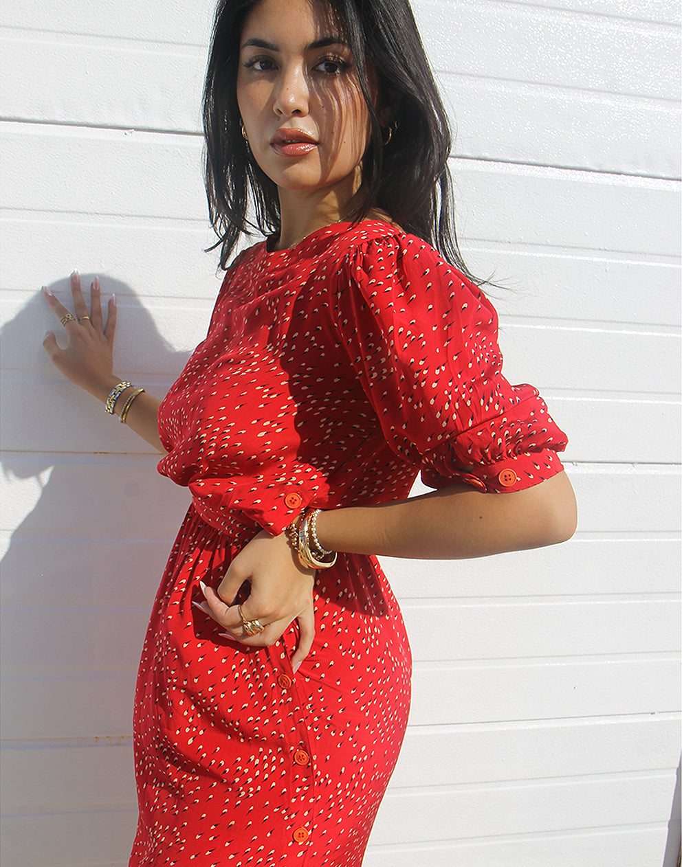 red silk midi dress with sleeves 