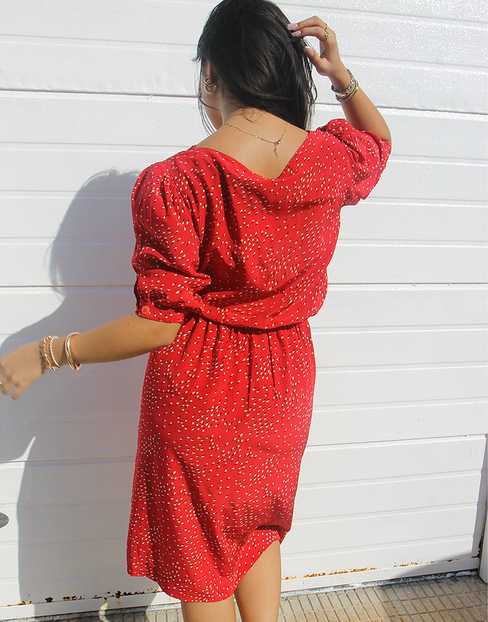 red silk midi dress with sleeves 