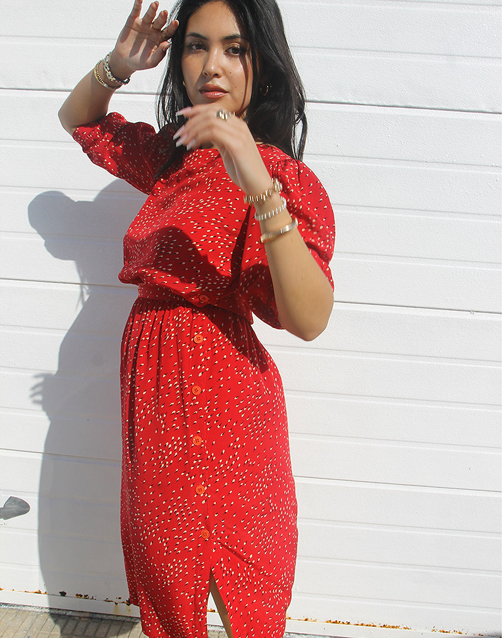 red silk midi dress with sleeves 