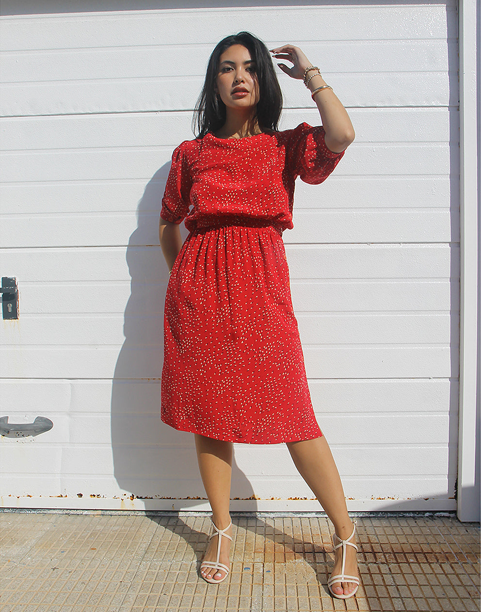 red silk midi dress with sleeves 