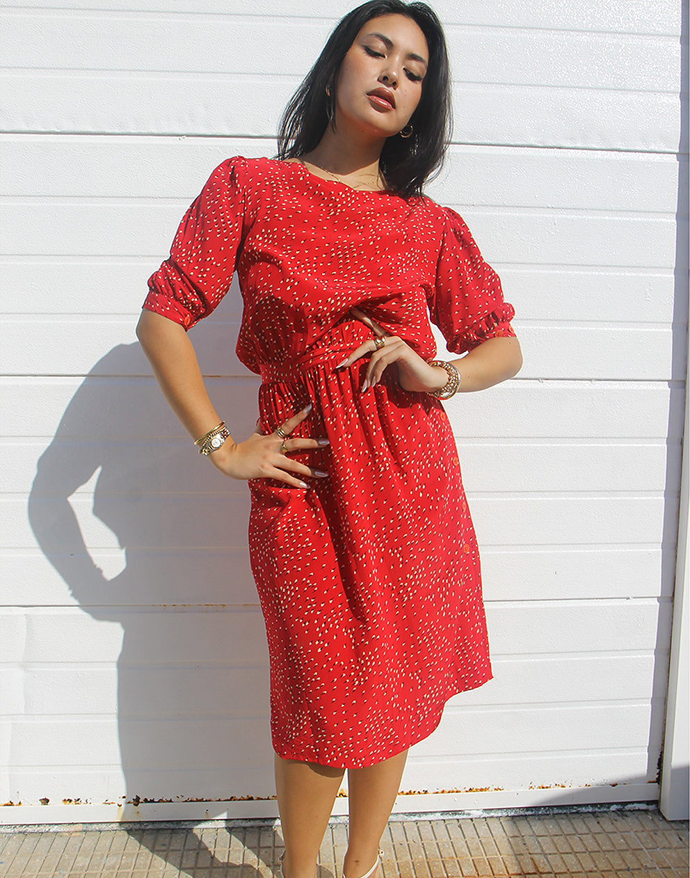 red silk midi dress with sleeves 