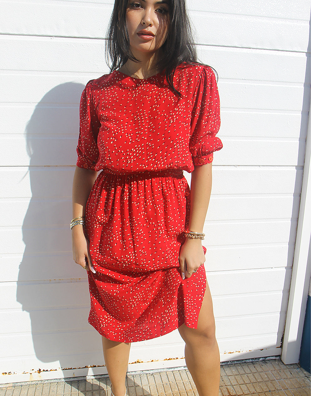 red silk midi dress with sleeves 