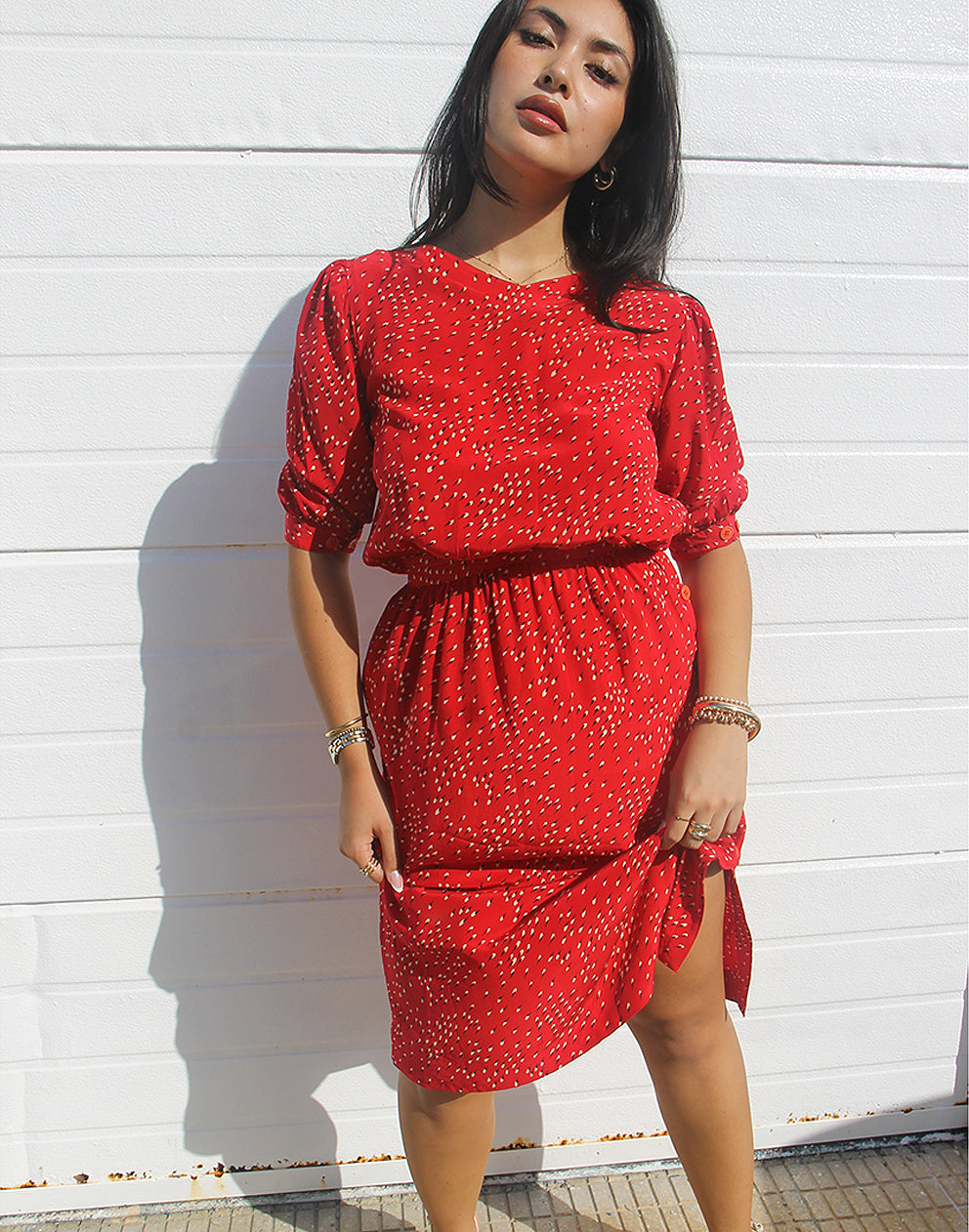 red silk midi dress with sleeves 