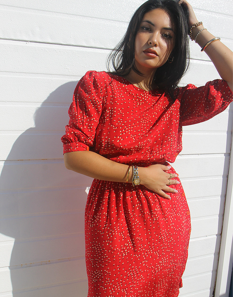 red silk midi dress with sleeves 