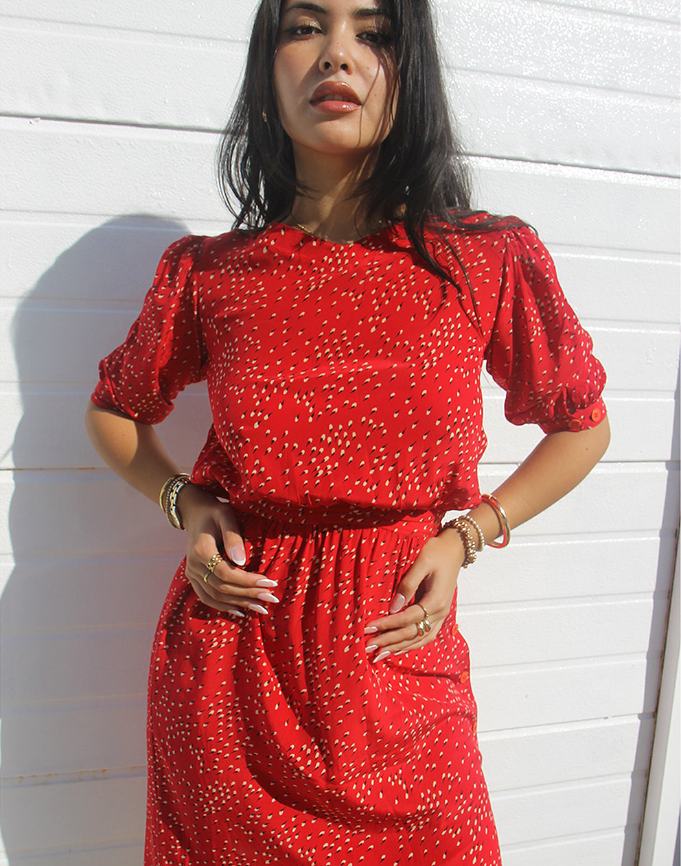 red silk midi dress with sleeves 