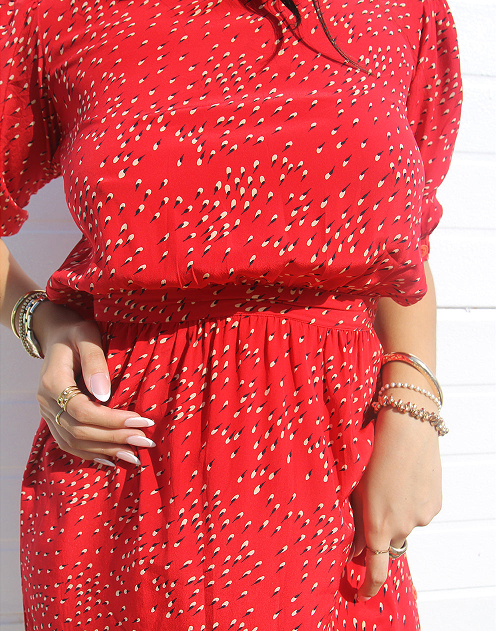 red silk midi dress with sleeves 