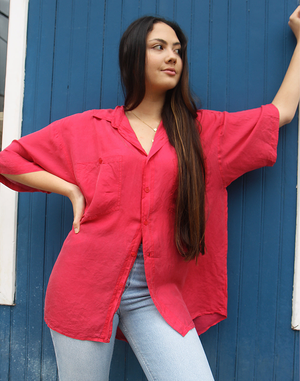 Red Silk Shirt with Short Sleeves