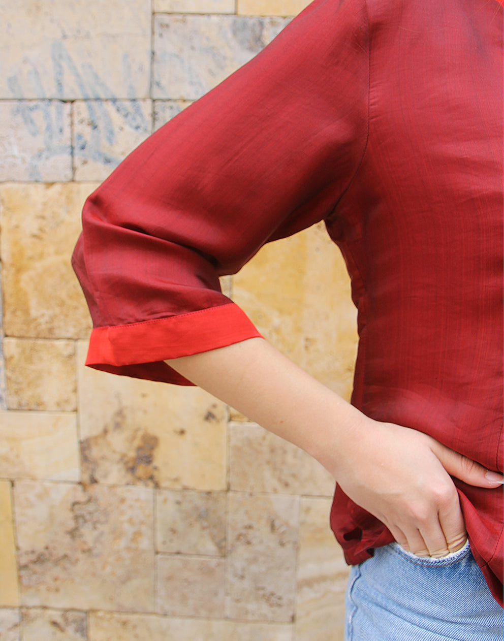 Silk Shirt in Red with Embroidery