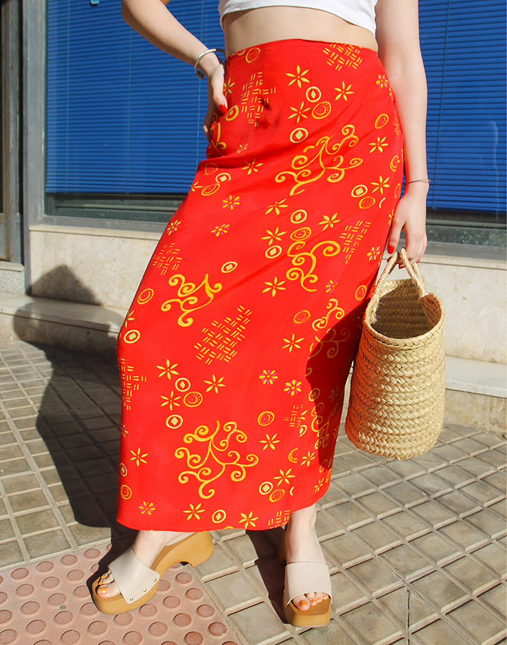 Red Floral Print Wrap Midi Skirt