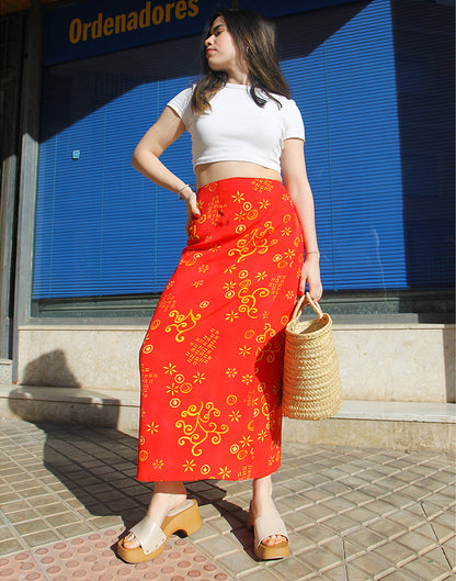 Red Floral Print Wrap Midi Skirt