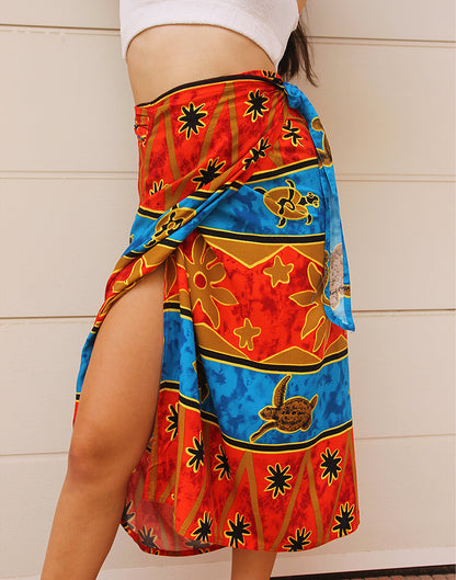 Vintage Red & Blue Print Wrap Midi Skirt