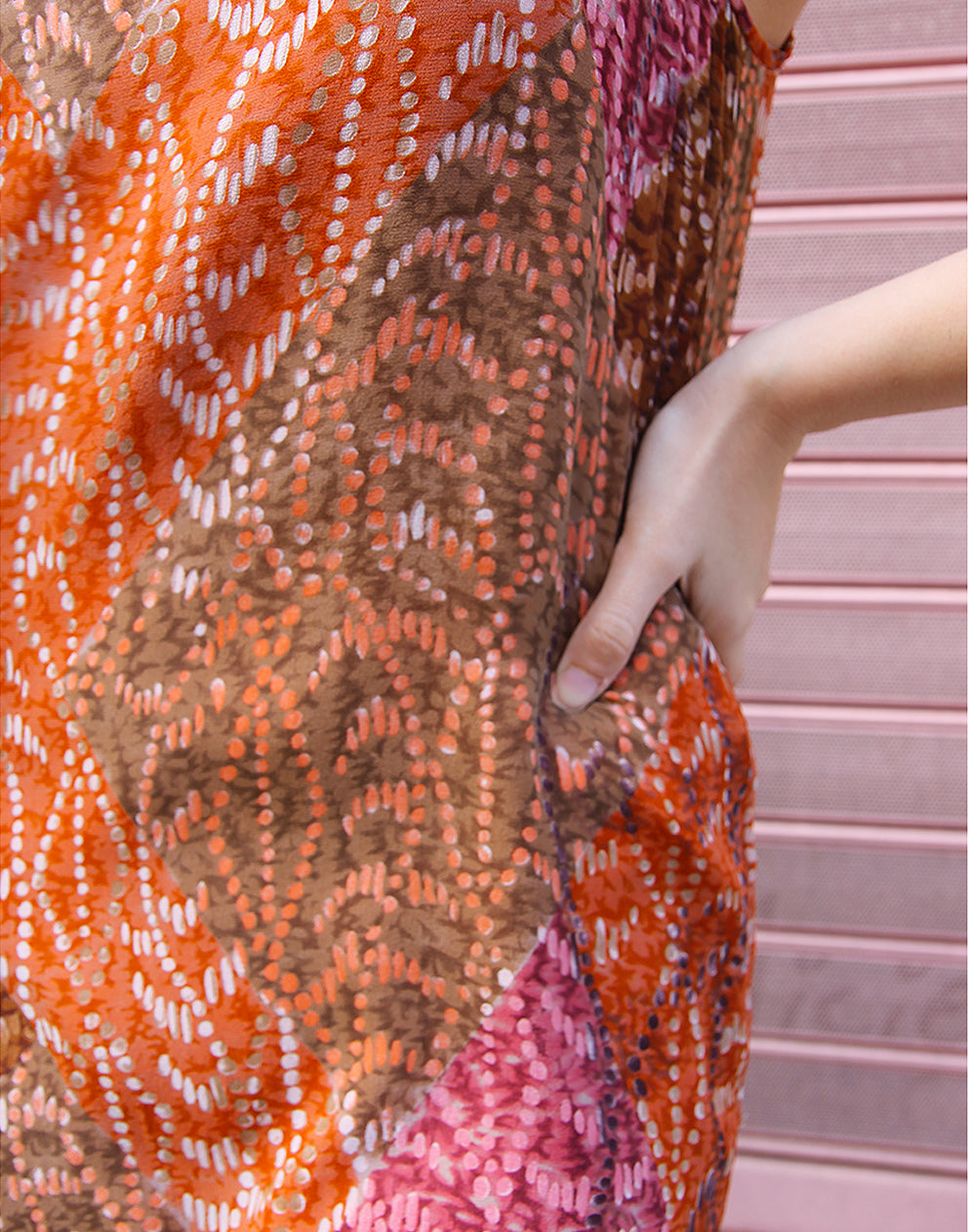 Sleeveless Silk Dress in Pink and Orange Print