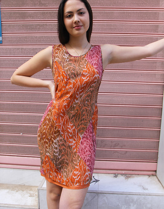 Sleeveless Silk Dress in Pink and Orange Print