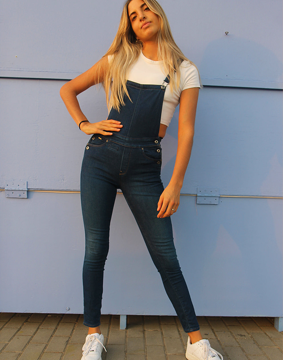 Slim Fit Long Dungarees in Blue