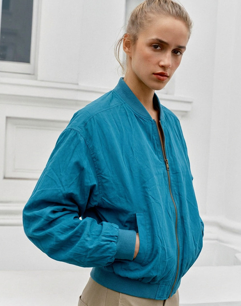 Teal Silk Bomber Jacket