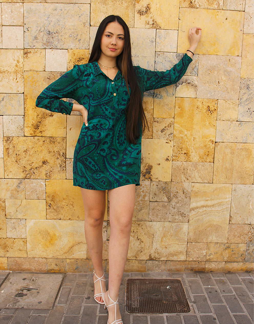Paisley Turquoise Long Sleeve Silk Dress
