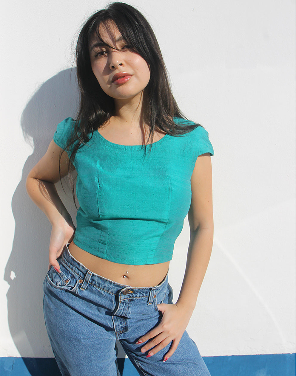Turquoise Silk Cropped Top