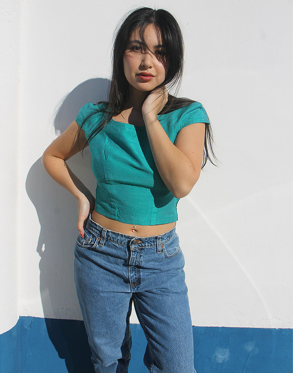 Turquoise Silk Cropped Top