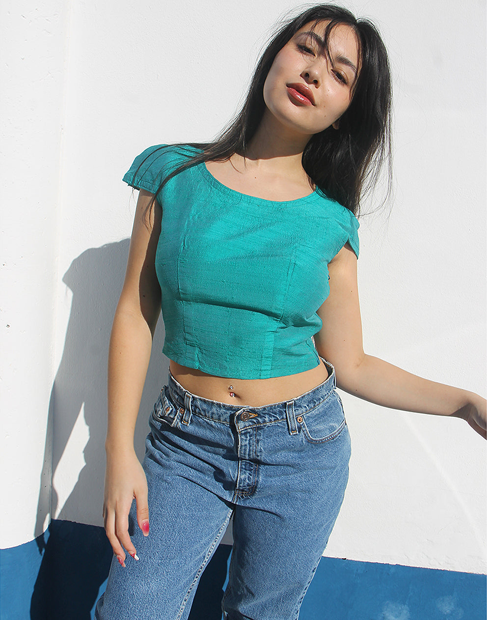 Turquoise Silk Cropped Top