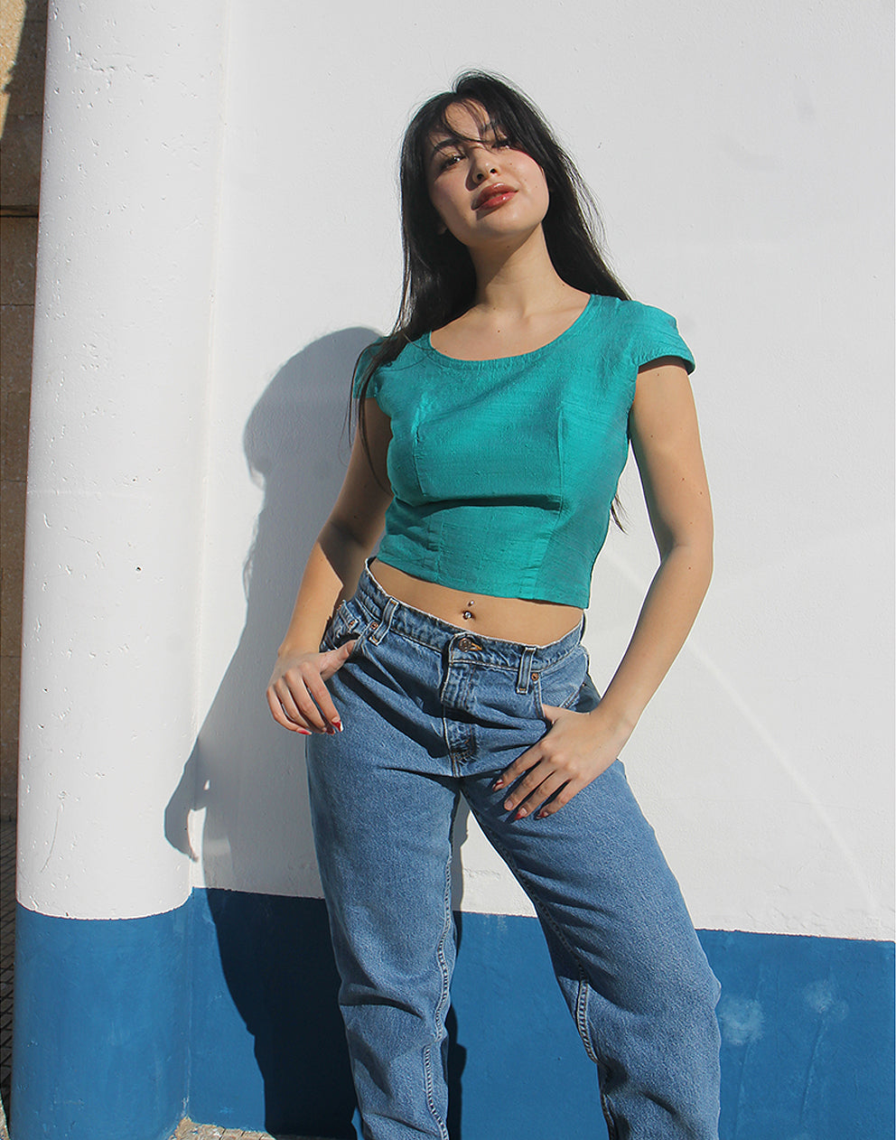 Turquoise Silk Cropped Top