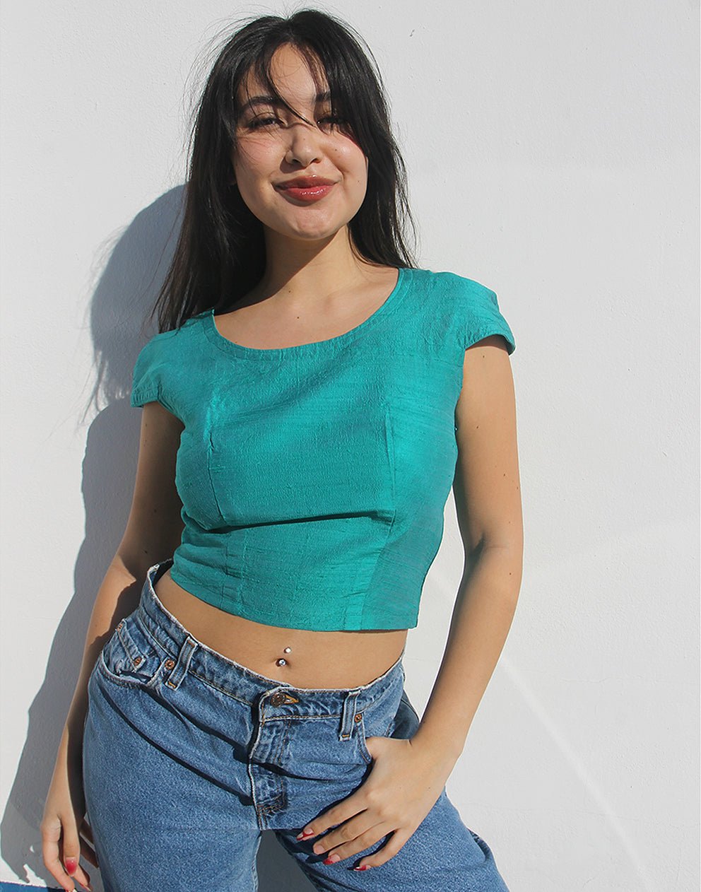 Turquoise Silk Cropped Top