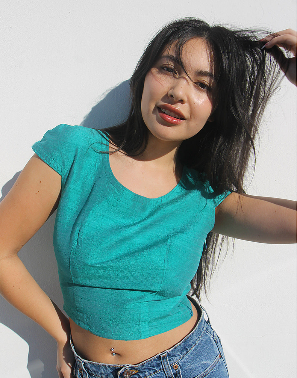Turquoise Silk Cropped Top