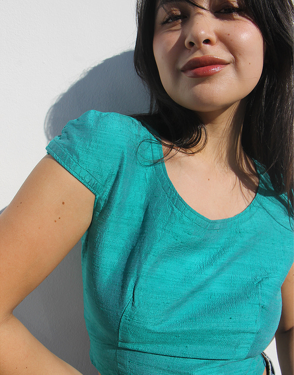Turquoise Silk Cropped Top