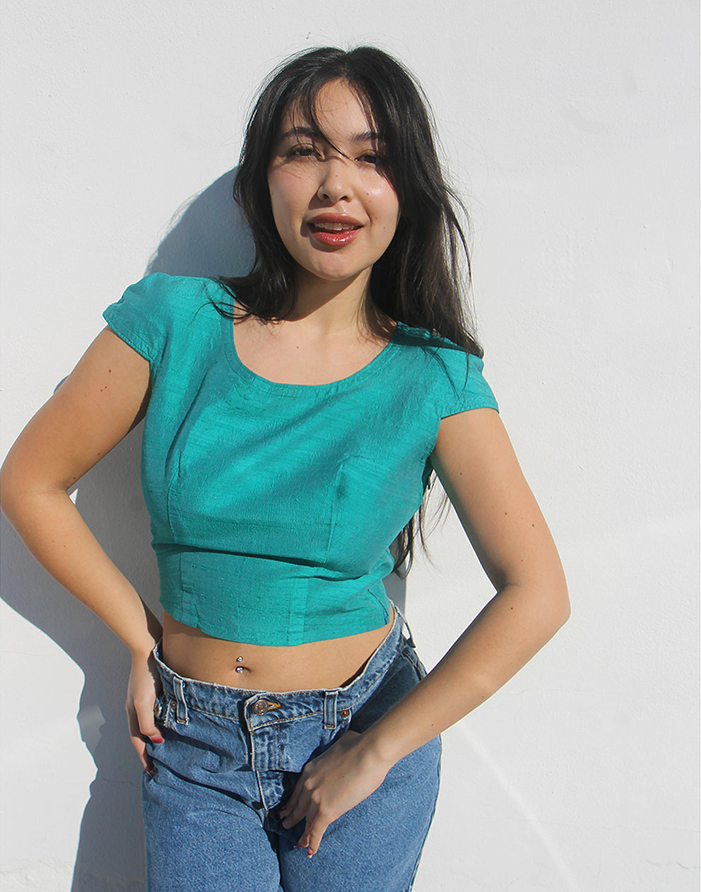 Turquoise Silk Cropped Top