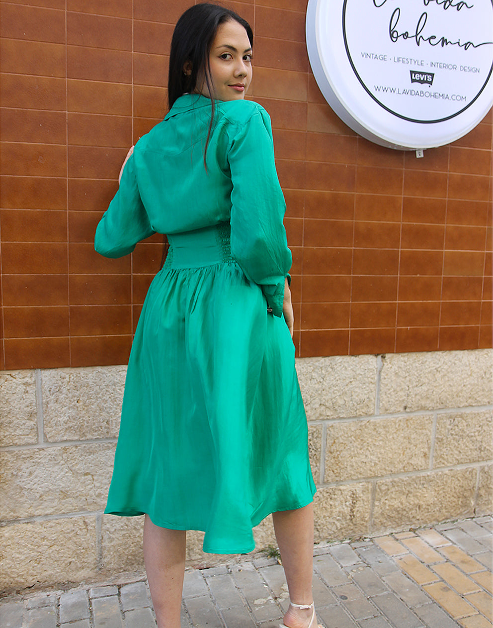 Turquoise Silk Long Sleeve Midi Dress