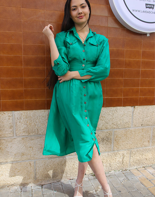 Turquoise Silk Long Sleeve Midi Dress