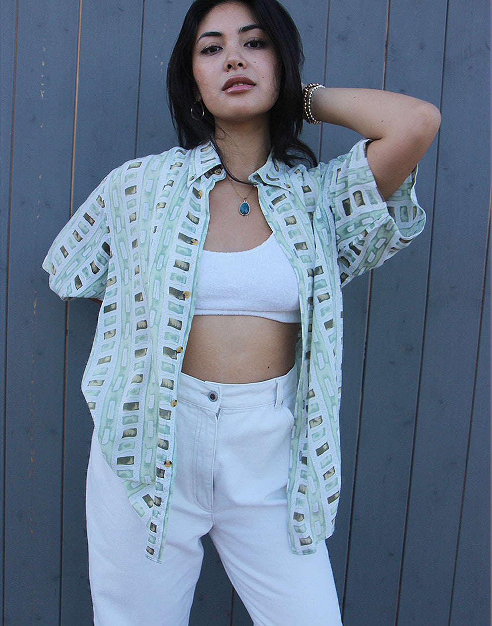 green and white vintage short sleeve shirt 