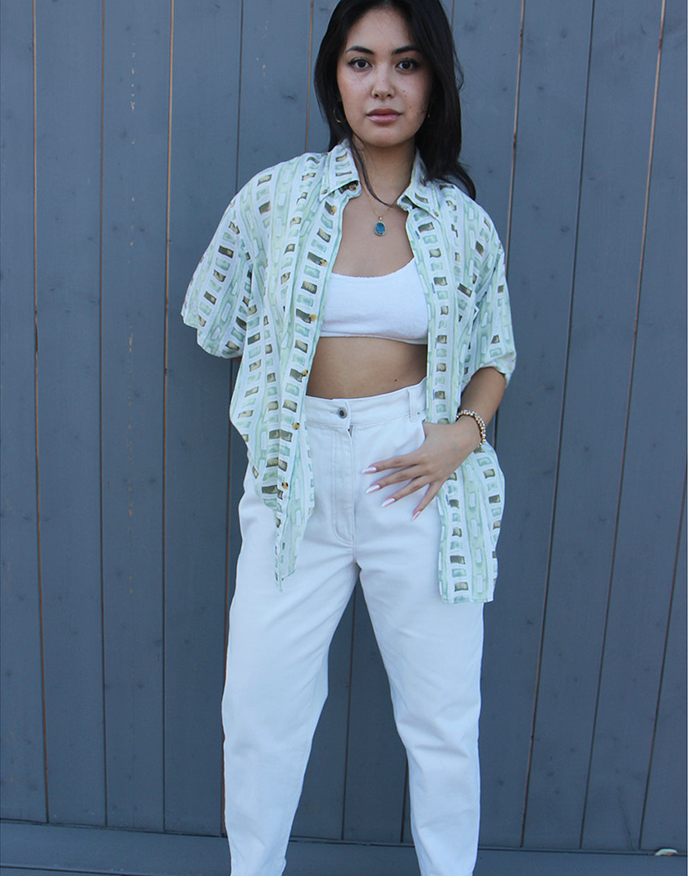 green and white vintage short sleeve shirt 