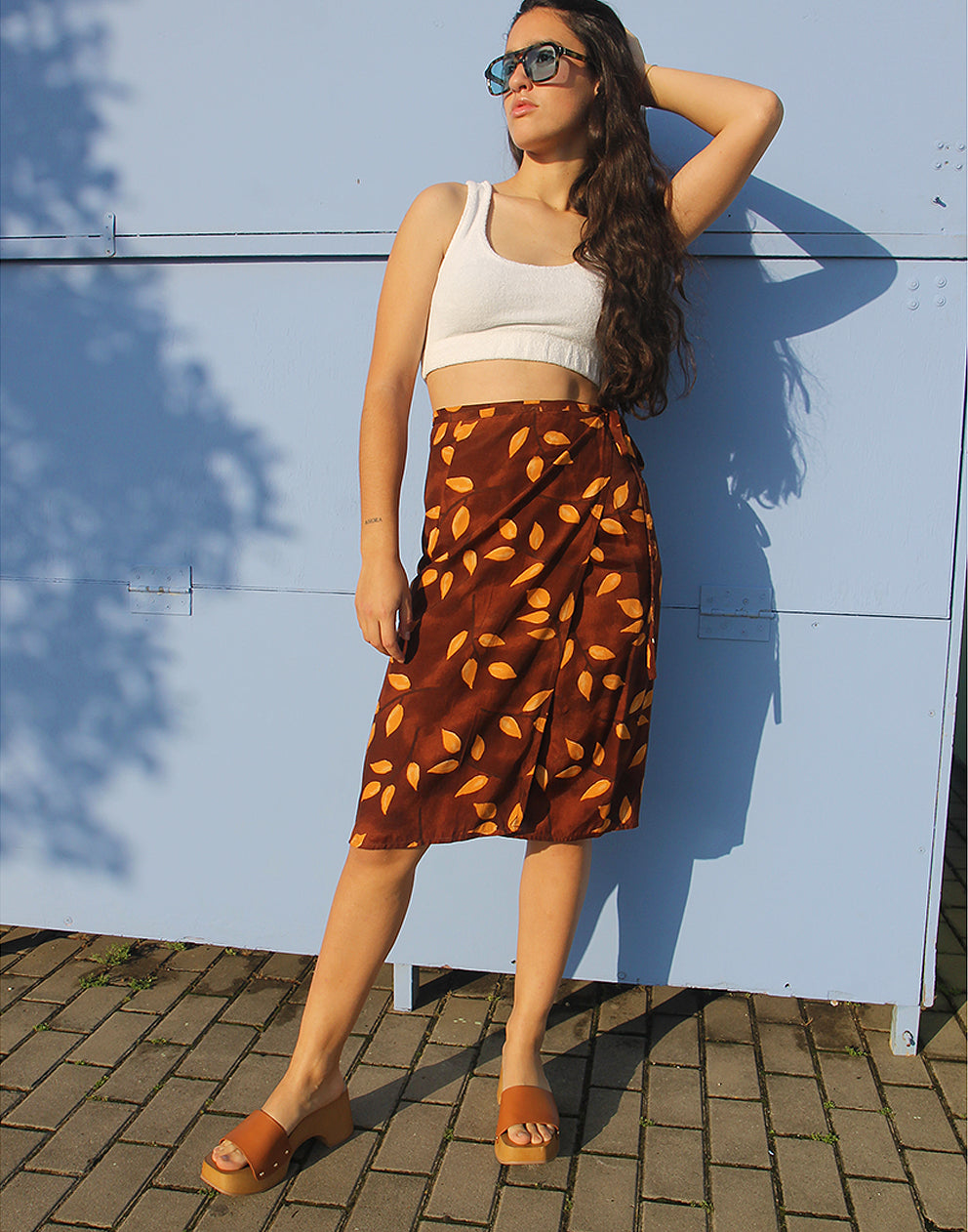 Brown & Orange Leaf Print Vintage Wrap Skirt