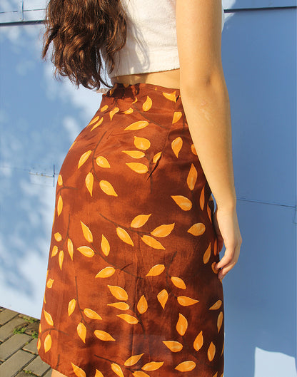 Brown & Orange Leaf Print Vintage Wrap Skirt