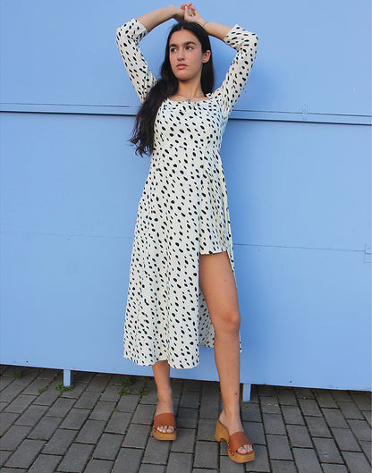 Long Sleeved Cream Dress with Black Dotted Print