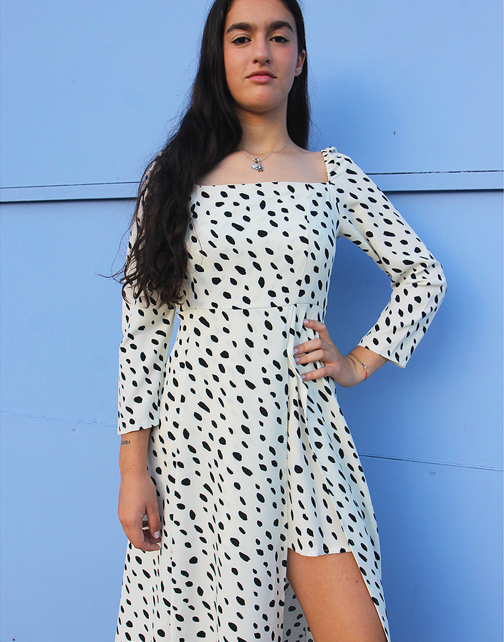 Long Sleeved Cream Dress with Black Dotted Print