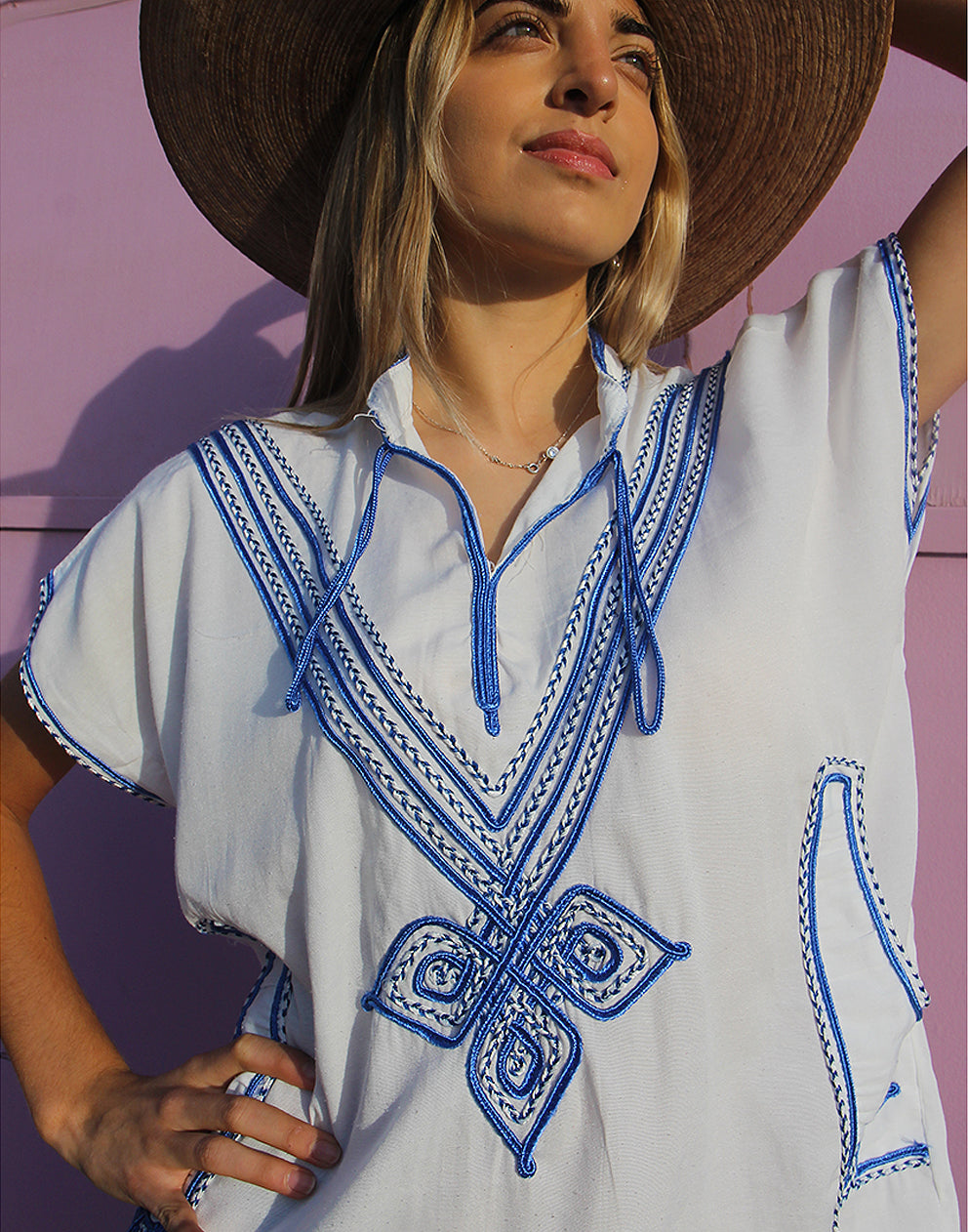 Vintage White & Blue Boho Embroidered Beach Dress