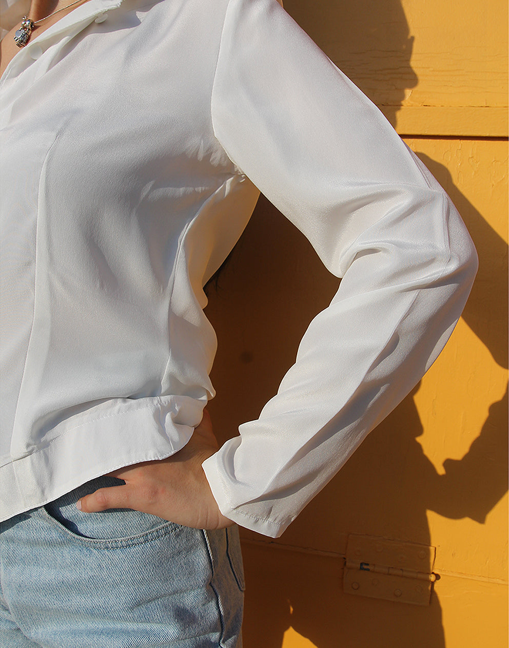 Vintage White Crepe Long Sleeved Shirt with Small Band Collar