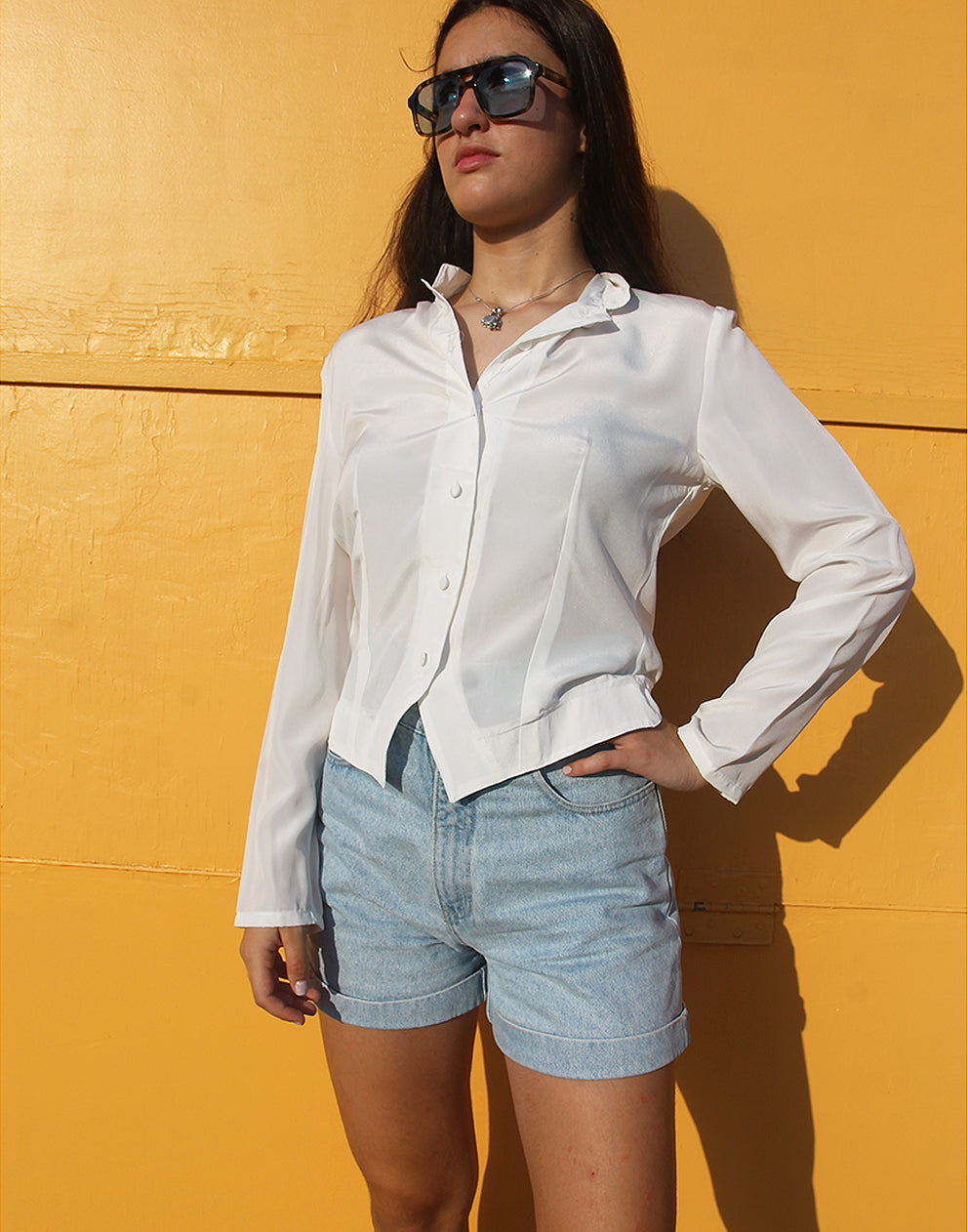 Vintage White Crepe Long Sleeved Shirt with Small Band Collar