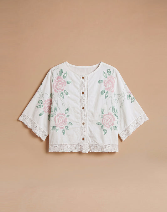 White Floral Short Sleeve Blouse - Cotton - Size EU 40/42