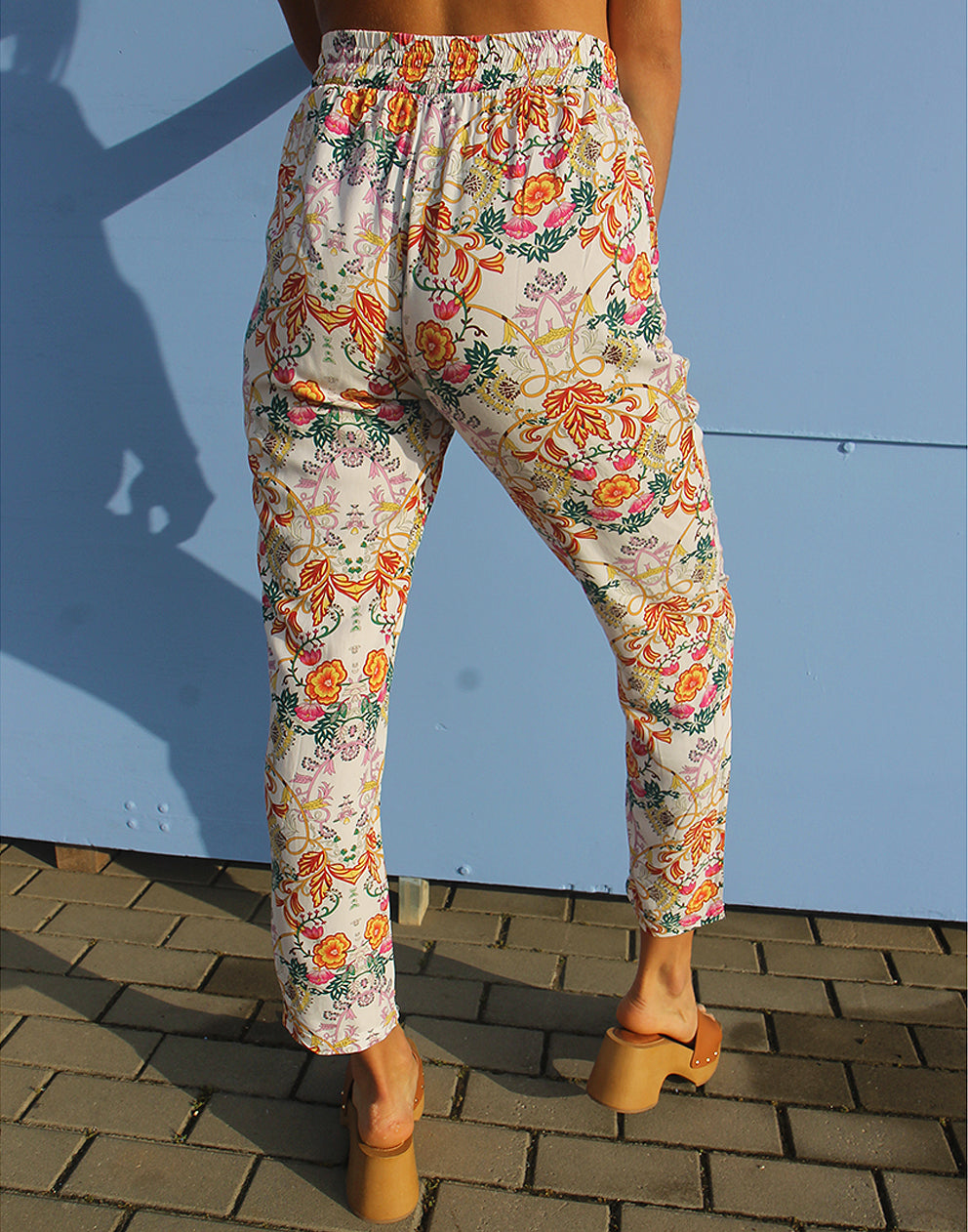 White Floral Print Tapered Leg Trousers