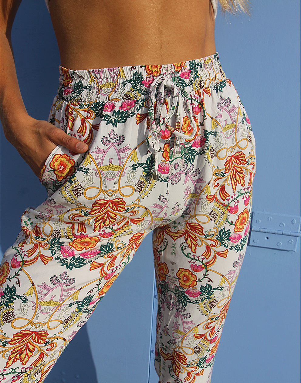 White Floral Print Tapered Leg Trousers