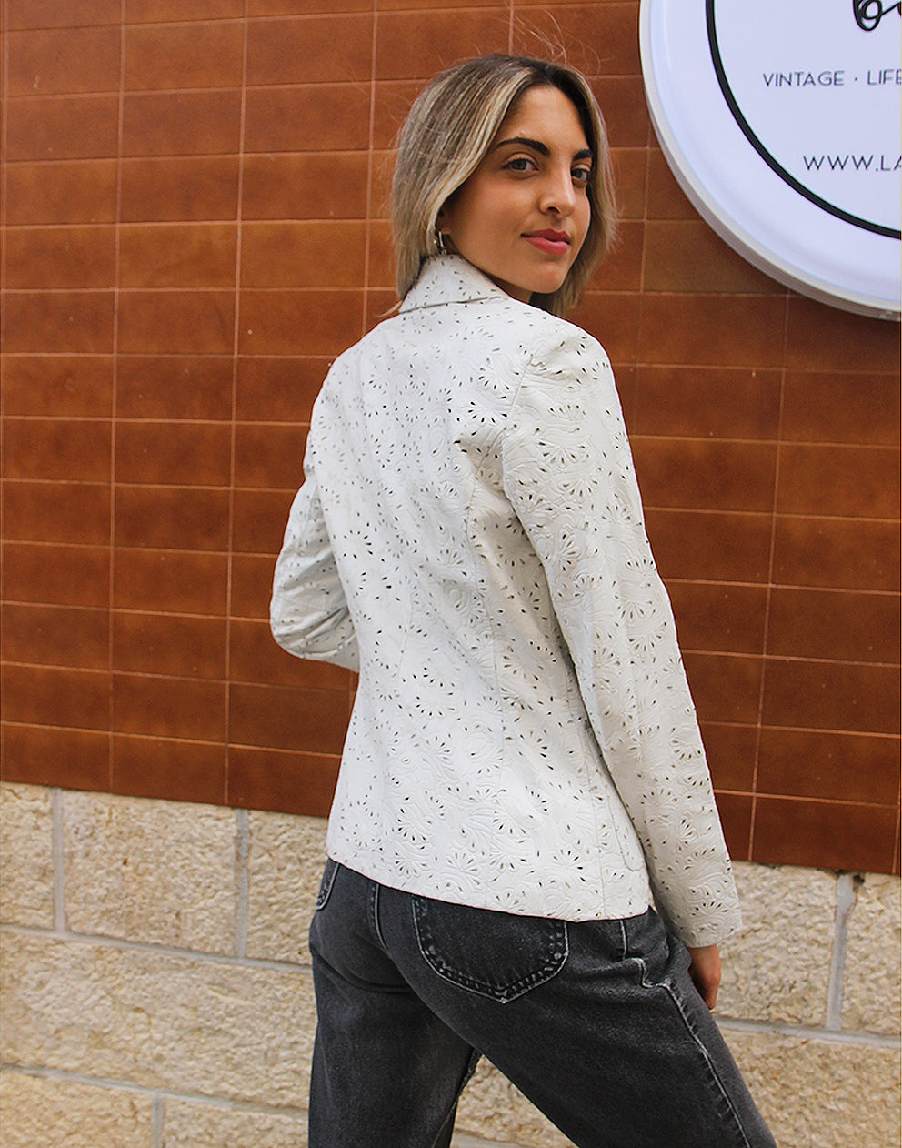 White Leather Blazer with Floral Print