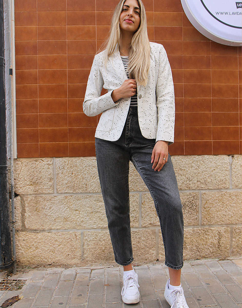 White Leather Blazer with Floral Print