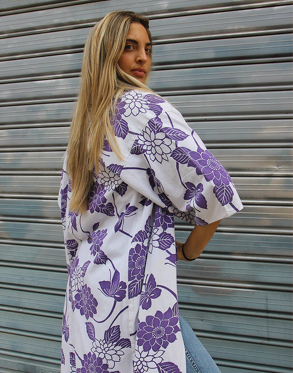 White Long Kimono in Floral Print