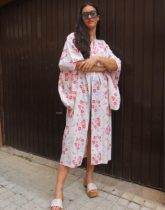 White & Pink Floral Kimono Jacket