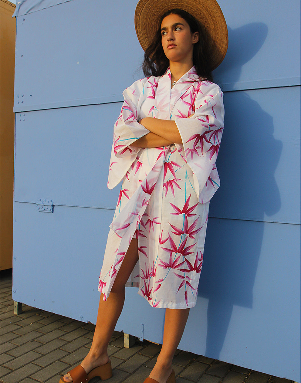 Original Vintage White & Pink Floral Print Kimono Duster Jacket