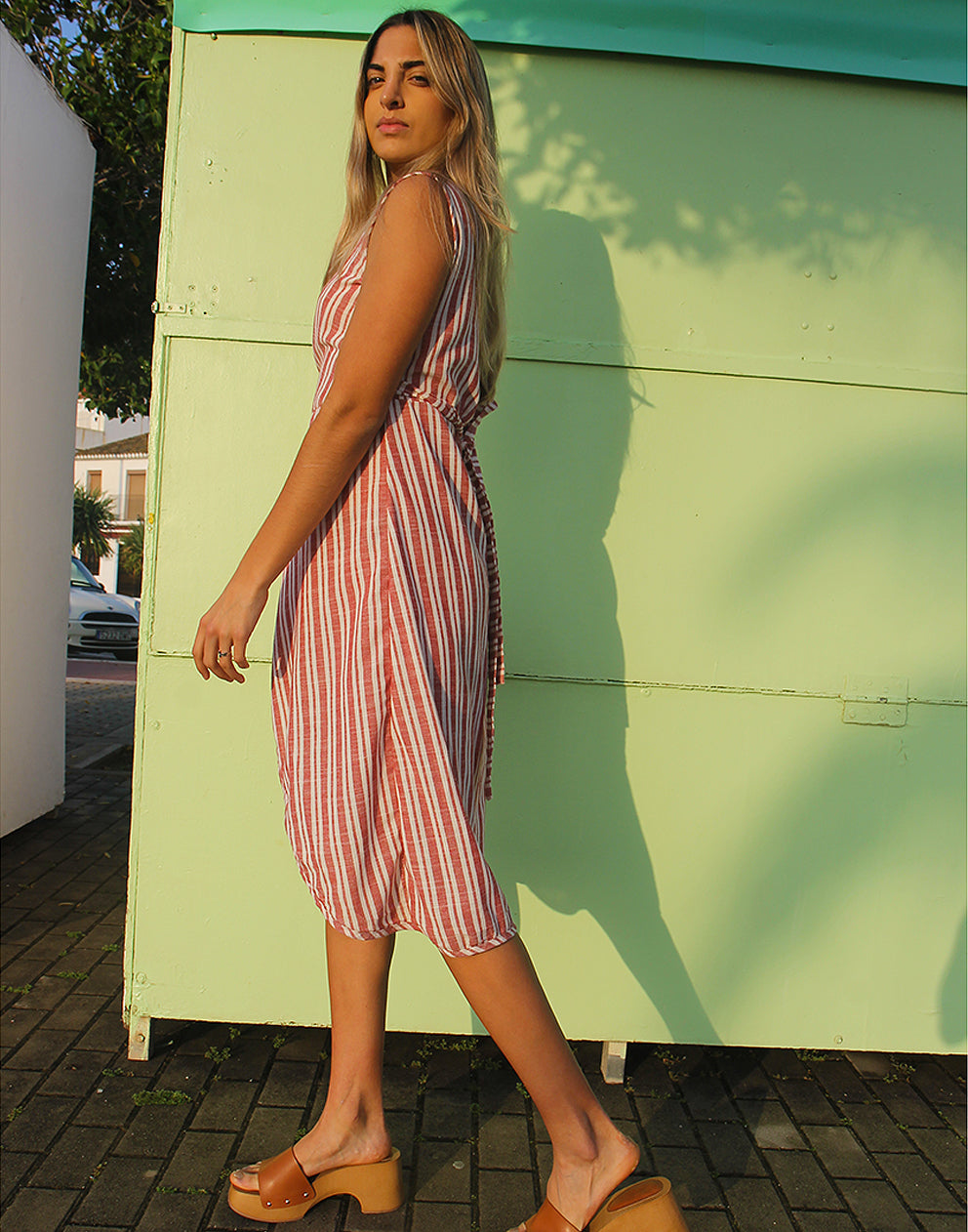 Cotton Wrap Dress in Red & White Stripe